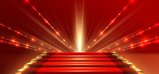 Wall Mural - elegant red stage with gold diagonal glowing lighting effect and sparkle. template premium award des