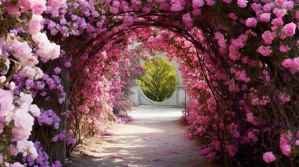 Wall Mural -  a pathway lined with pink and purple flowers next to a stone wall.  generative ai