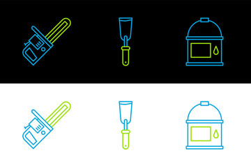 Poster - Set line Paint bucket, Chainsaw and Putty knife icon. Vector