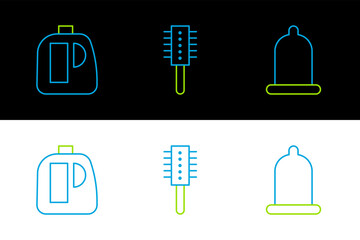 Sticker - Set line Condom, Bottles for cleaning agent and Hairbrush icon. Vector