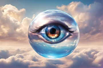 Aufkleber - Glass ball with an eye in the middle against the background of clouds, divine providence concept.
