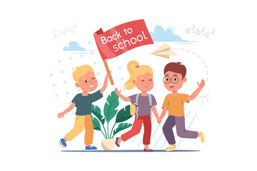 Canvas Print - Happy children concept with people scene in the flat cartoon design. Friends are happy to return to classes after the holidays. Vector illustration.