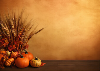 Wall Mural - Thanksgiving Design: Small Pumpkins on a Yellow and Orange Background with Copyspace
