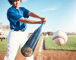 © Mumtaaz Dharsey/peopleimages.com - Baseball, hit and person on field for training, sports or fitness competition outdoor. Closeup of pitcher, ball or bat by softball player with power strike at stadium for action, speed or performance
