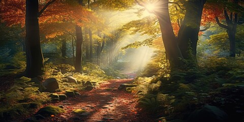 Wall Mural - Forest autumn nature. Morning in orange color forest with sun rays through branches of trees. Scenery of nature with sunlight, copy space, generative ai