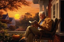 Old Man Sitting On A Chair On His Porch Reading A Magazine