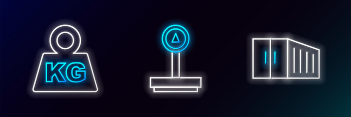 Poster - Set line Container, Weight and Scale icon. Glowing neon. Vector