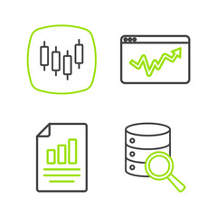 Sticker - Set line Server, Document with graph chart, Graph infographic and Browser stocks market icon. Vector