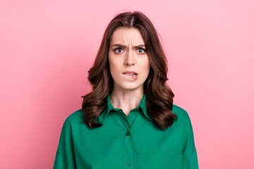 Sticker - Photo of nervous unsure lady wear green shirt biting lip isolated pink color background