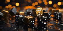 Black And Golden Casino Dice  With  Golden Light Background