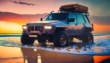 Wallpaper Off Road Vehicle In Winter Illustration Of An Off-road Car With A Roof Rack In Water On The Beach, Set Against A Vivid Sunset Sky