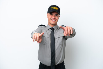 Wall Mural - Young caucasian security man isolated on white background points finger at you while smiling