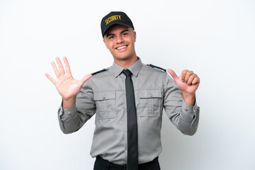 Wall Mural - Young caucasian security man isolated on white background counting six with fingers