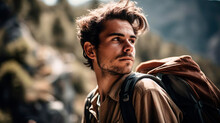 Portrait Of Male Climber Tourist Mountaineer Alpinist Man With Backpack. Mountaineering Extreme Sport Mountain And Hike.