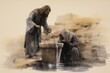 Rippling Echoes of Grace: One Figure at the Well, Another Nearby, Channeling Jesus' Samaritan Woman Living Water Story Generative AI