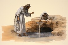 Revelations By The Well: Figure Engaged With Water, Another Standing, Reflecting Jesus' Samaritan Woman Interaction Generative AI