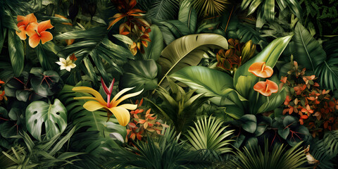 Poster - Tropical background illustration with leaves and flowers