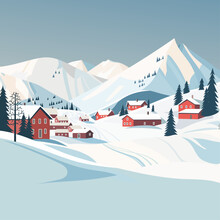 Nature And Landscape. Vector Illustration Of Winter Landscape Against The Backdrop Of Mountains And A Ski Village. Picture For Background, Card Or Cover