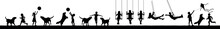 Children Playing With Dogs And Swinging Outdoor Activities On Grass Field Silhouette Set. Kids Swinging Vector Silhouette. 