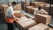 Warehouse workers optimizing package handling for increased efficiency. Generative AI