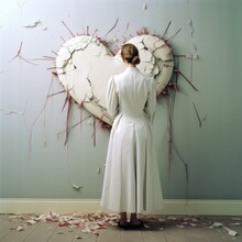 A Woman In A White Dress Stands In A Dimly Lit Room, Her Stoic Figure Adorned In Vibrant Clothing, Artfully Framed By A Broken Heart Painted On The Wall Behind Her