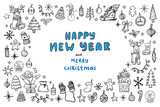 Fototapeta Młodzieżowe - Cute set of  Christmas and New Year elements with lettering in doodle style. Vector illustration for design, greeting card, decoration, textile. Winter. Hand drawn. Isolated on white