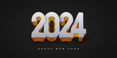 Wall Mural - Elegant and Luxury 2024 New Year Banner or Poster Design with White and Gold 3D Numbers. Happy New Year 2024 Design