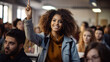 © ckybe - Happy African American student raising her hand to ask a question during lecture in the classroom