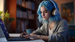 © ckybe - Hipster teen girl school student with pink hair wear headphone write notes watch video online webinar learn on laptop. E-learning concept. Homeschooling.