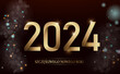 kartka lub baner, aby życzyć szczęśliwego nowego roku 2024 w złocie na czarnym tle, a po każdej stronie gwiazdy i koła w kilku kolorach z efektem bokeh