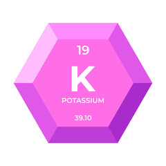 Wall Mural - Potassium is chemical element number 19 of the Alkali metal group. Icon of chemical element of periodic table in 3d hexagon. Chemistry for children, elementary education.