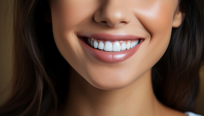 Wall Mural - Close up Face of beautiful mixed race woman smiling with white teeth. Portrait of a woman's face with brown eyes and freckles posing with copy-space. Dental health and oral hygiene