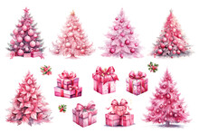 Watercolor Cute Vector Hot Pink Christmas Trees Present Gift Boxes And Holly Berries Vector
