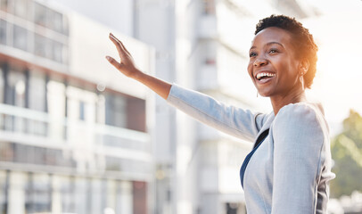 Poster - Taxi, business woman and smile in the city with wave for travel and urban transportation. Hailing cab, African professional and road with entrepreneur outdoor with a worker smile from traffic commute