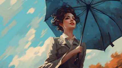 Wall Mural - beautiful girl in a coat and with a blue umbrella, generated by AI