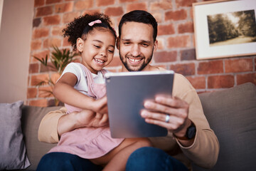 Poster - Dad, child and tablet for learning on sofa in family home or reading online, playing a game or technology for education. Father, kid and mobile app to teach or streaming cartoon and relax watching tv