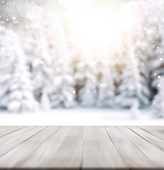 Empty wooden table on the background blurred winter snow background.The background can be used for mounting or displaying your products.Generative AI