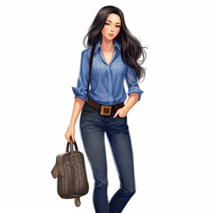 Fashionable brunette woman in blue shirt and jeans with bag