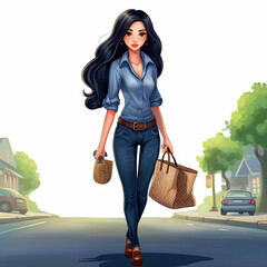 Beautiful young woman walking on the street with bag. illustration