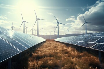 solar panels and windmill generating electricity in power station. green energy in nature