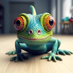 Wall Mural - Funny green frog with big eyes on a wooden floor. 3d rendering