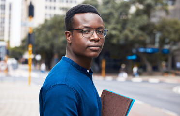 Sticker - Portrait, serious student and black man in city outdoor to travel to university school. Face, glasses and African learner or college person in Kenya in urban street with book in education or studying