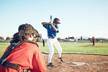 Canvas Print - Bat, baseball and person swing at ball outdoor on a pitch for sports, performance and competition. Behind athlete or softball team ready for a game, training or exercise challenge at field or stadium