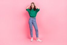 Full Size Portrait Of Impressed Speechless Girl Arms Touch Head Staring Cant Believe Isolated On Pink Color Background