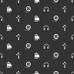 Wall Mural - Set Headphones, Gimbal stabilizer for camera, Camera roll cartridge and Film reel on seamless pattern. Vector