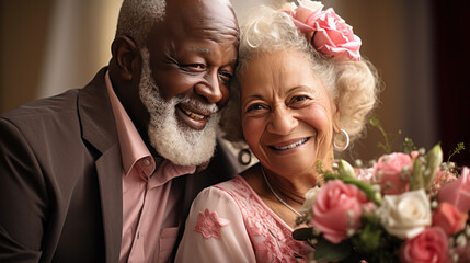 Wall Mural - Senior afro american man and woman getting married, senior bride and groom, mature couple, generative ai