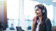 Customer service executive working at the office. Consulting corporate clients in conversation with customers using computers. Service desk consultant talking in a call center. generative ai