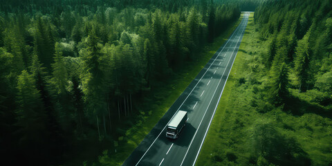 Wall Mural - Bird eye top view of single car driving on long highway road from green forest. 