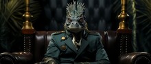 A Humanoid Lizard Wearing A Bright Green And Green Military Uniform
