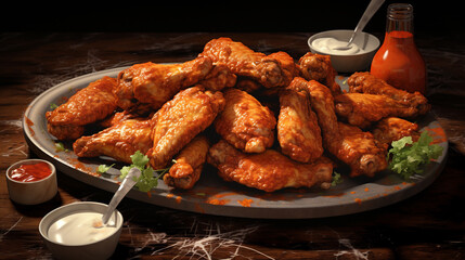 Wall Mural - Grilled sticky chicken wings on plate over dark background. Buffalo chicken wings with sauce. Close up view